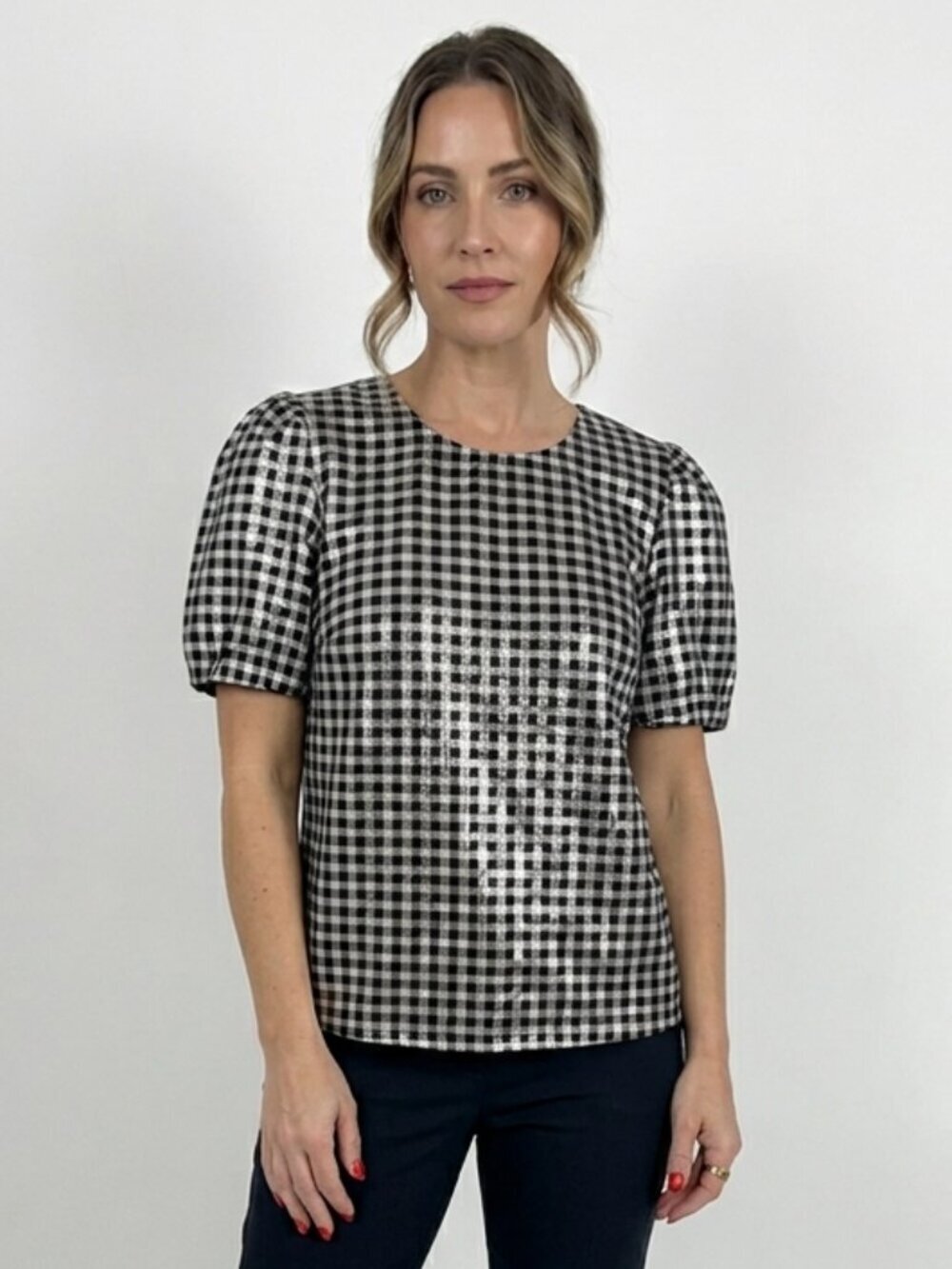 J.Crew Metallic Gingham Puff Sleeve Top - Size M NWT